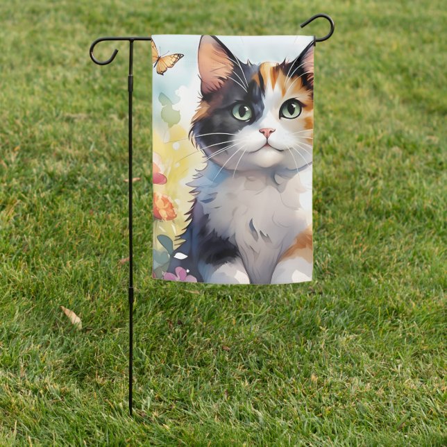 Calico Cat in Spring Garden with Butterflies Garden Flag (In SItu)