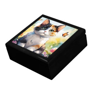 Calico Cat in Spring Garden with Butterflies Gift Box