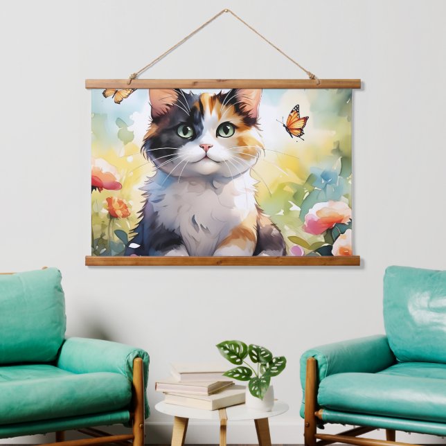 Calico Cat in Spring Garden with Butterflies Hanging Tapestry (Living Room)
