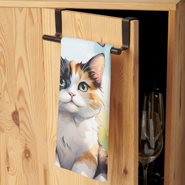 Calico Cat in Spring Garden with Butterflies Kitchen Towel (Thirds Fold)