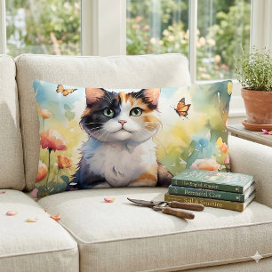 Calico Cat in Spring Garden with Butterflies Lumbar Pillow