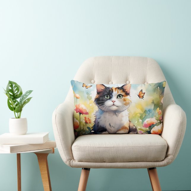 Calico Cat in Spring Garden with Butterflies Lumbar Pillow (Chair)