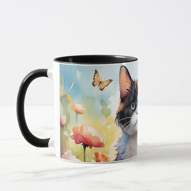 Calico Cat in Spring Garden with Butterflies Mug (Left)