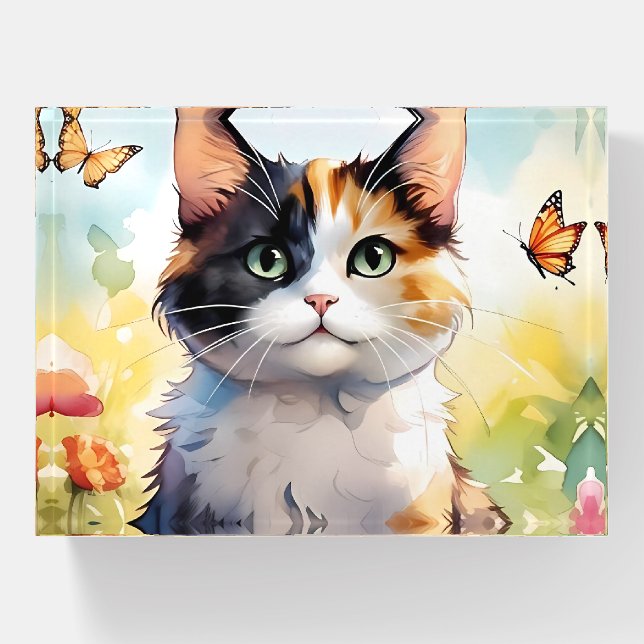 Calico Cat in Spring Garden with Butterflies Paperweight (Front)