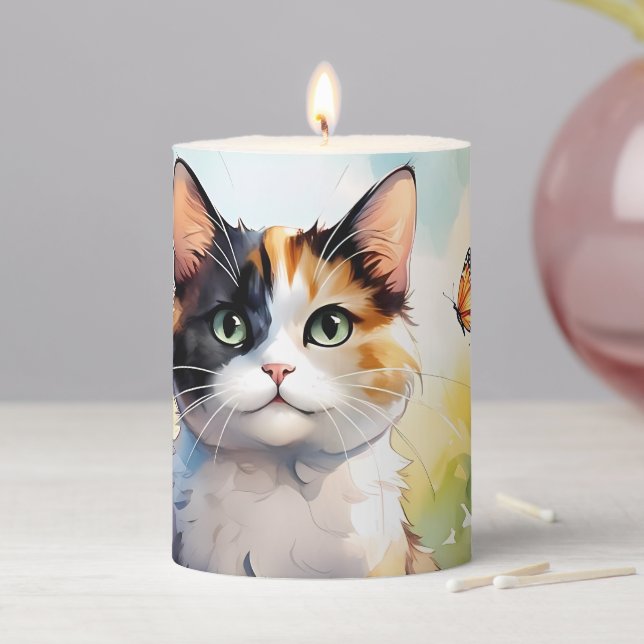Calico Cat in Spring Garden with Butterflies Pillar Candle (In Situ)