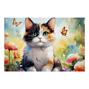Calico Cat in Spring Garden with Butterflies Poster