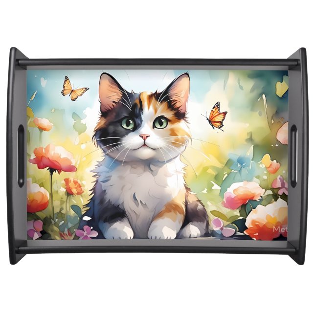 Calico Cat in Spring Garden with Butterflies Serving Tray (Front)