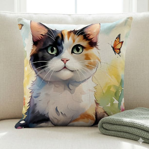 Calico Cat in Spring Garden with Butterflies Throw Pillow