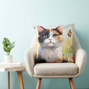 Calico Cat in Spring Garden with Butterflies Throw Pillow