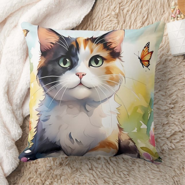 Calico Cat in Spring Garden with Butterflies Throw Pillow (Blanket)
