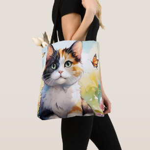 Calico Cat in Spring Garden with Butterflies Tote Bag