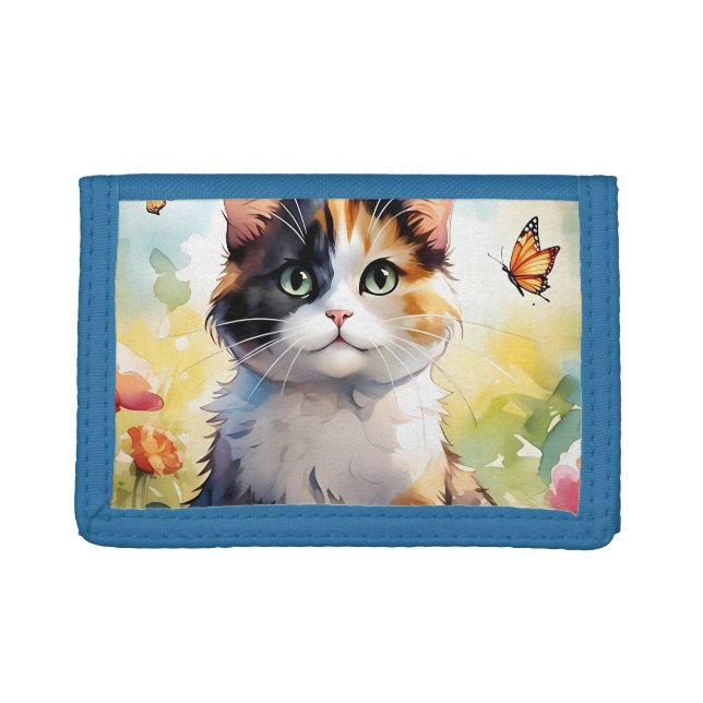 Calico Cat in Spring Garden with Butterflies  Trifold Wallet (Front)