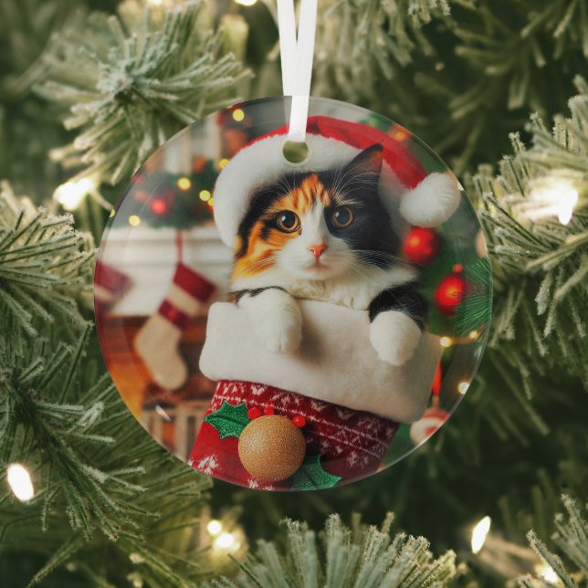 Calico Cat in Stocking Glass Ornament (Insitu)