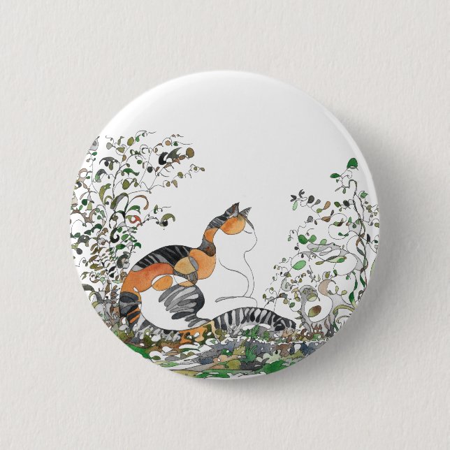 Calico Cat In The Garden Button (Front)