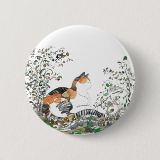 Calico Cat In The Garden Button