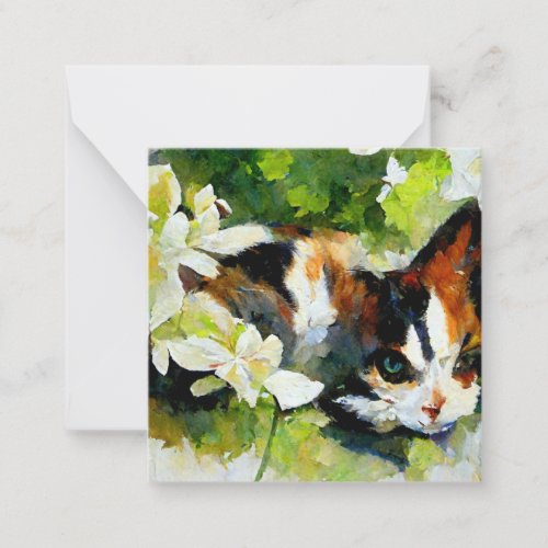Calico cat in the garden note card
