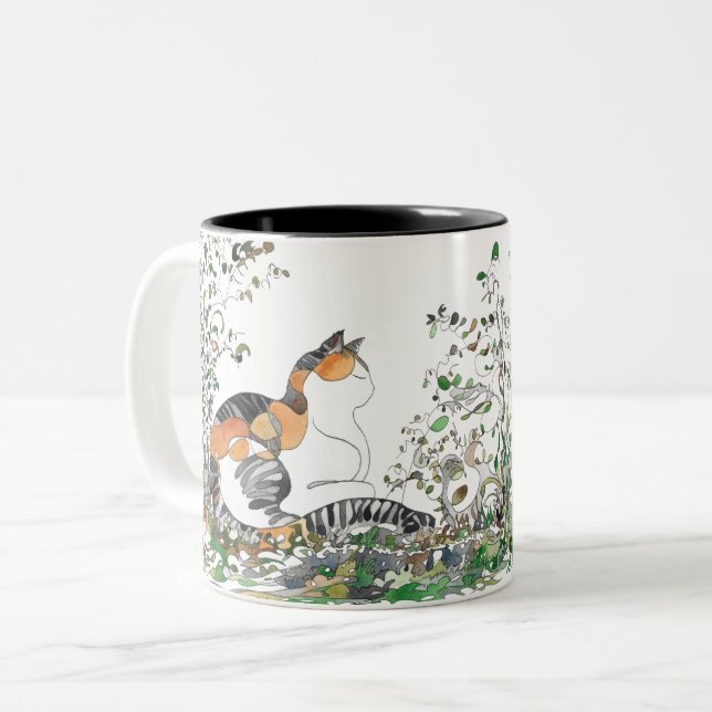 Calico Cat In The Garden Two-Tone Coffee Mug (Front Left)