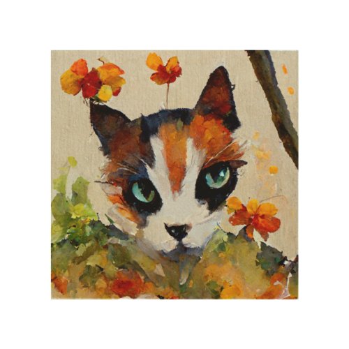 Calico cat in the garden   wood wall art