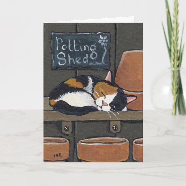 Calico Cat in the Potting Shed Greeting Card (Front)