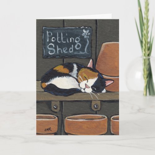 Calico Cat in the Potting Shed Greeting Card