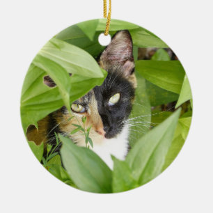 Calico Cat in the Zinnias Ceramic Ornament