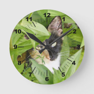 Calico Cat in the Zinnias Round Clock