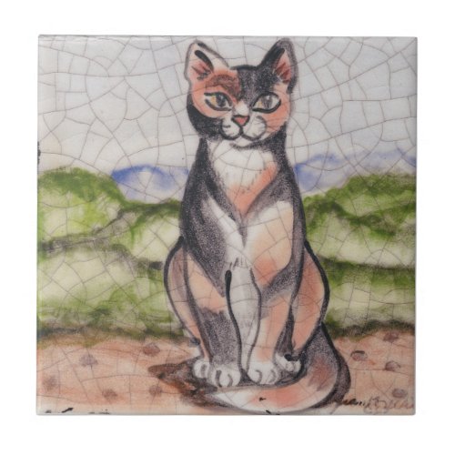 Calico Cat Landscape Antique Vintage Look Crackled Ceramic Tile