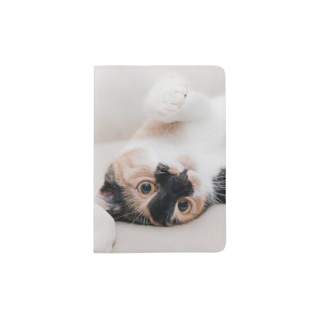 Calico Cat Laying on his back with paws up Passport Holder (Front)