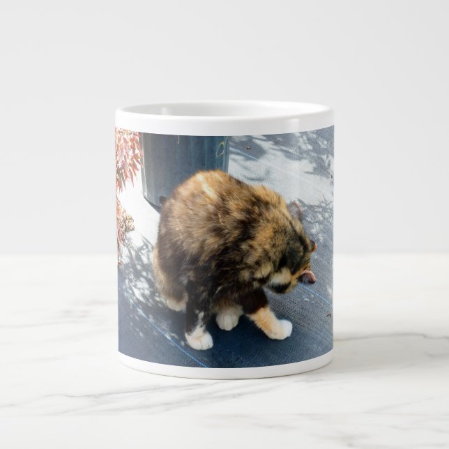 calico cat licking hind legs large coffee mug (Front)