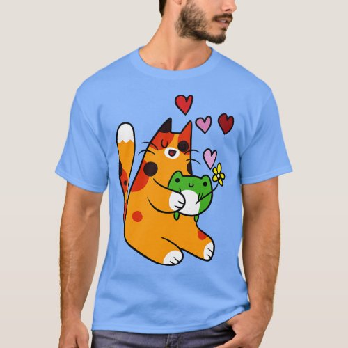 Calico Cat Loves Green Frog T_Shirt