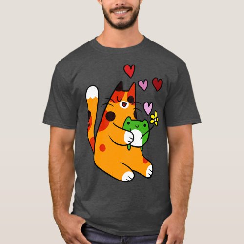 Calico Cat Loves Green Frog T_Shirt