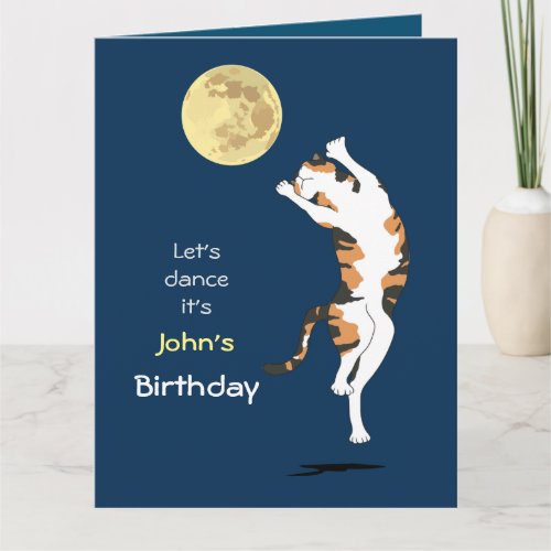 Calico Cat Moon Dancing Birthday card