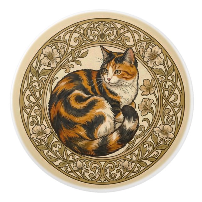 Calico Cat Nouveau Ceramic Knob (Front)