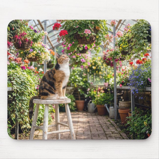 Calico Cat on a Stool in a Greenhouse Mouse Pad (Front)