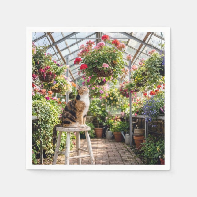 Calico Cat on a Stool in a Greenhouse Napkins (Front)