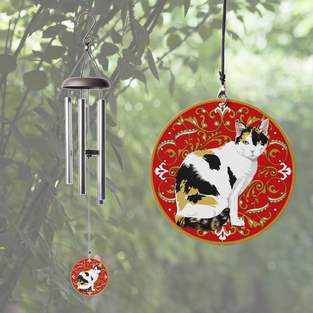 Calico Cat On Fancy Red Background Wind Chime (Calico Cat Wind Chimes with original cat art on both sides of disk.

)