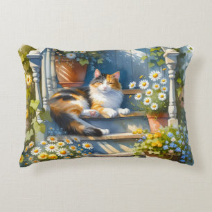 Calico Cat on Floral Porch Cottagecore Accent Pillow