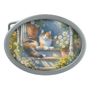 Calico Cat on Floral Porch Cottagecore Belt Buckle