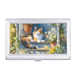 Calico Cat on Floral Porch Cottagecore Business Card Case