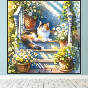 Calico Cat on Floral Porch Cottagecore Canvas Print