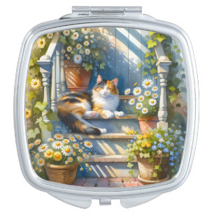Calico Cat on Floral Porch Cottagecore Compact Mirror