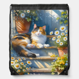 Calico Cat on Floral Porch Cottagecore Drawstring Bag