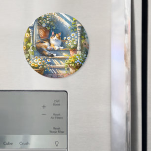 Calico Cat on Floral Porch Cottagecore Magnet