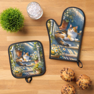 Calico Cat on Floral Porch Cottagecore Oven Mitt & Pot Holder Set