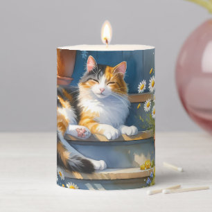 Calico Cat on Floral Porch Cottagecore Pillar Candle