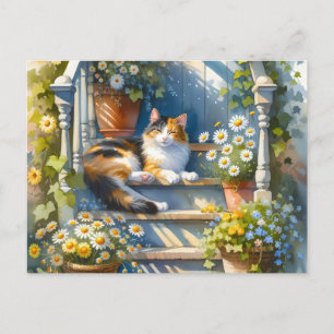 Calico Cat on Floral Porch Cottagecore Postcard