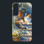 Calico Cat on Floral Porch Cottagecore Samsung Galaxy S22  Case<br><div class="desc">A sleepy calico cat lounges on sun-dappled wooden steps surrounded by potted daisies, ivy, and wildflowers in this dreamy floral porch illustration. Capturing the essence of cottagecore aesthetic, the scene invites a sense of warmth and relaxation, with soft sunlight casting playful shadows across the cozy summer setting. Rendered in a...</div>