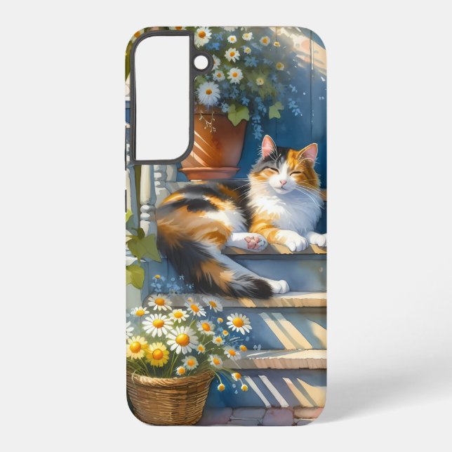 Calico Cat on Floral Porch Cottagecore Samsung Galaxy Case (Back)