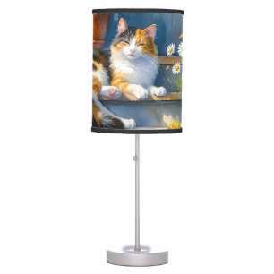 Calico Cat on Floral Porch Cottagecore Table Lamp
