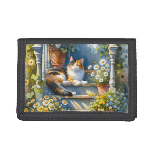 Calico Cat on Floral Porch Cottagecore Trifold Wallet